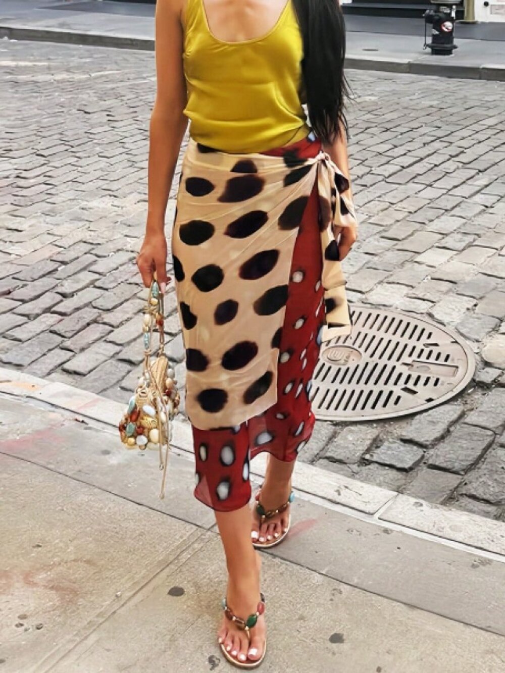 Khaki Casual Women's Polka Dot Wrap Tie Ruffle Bodycon Midi Skirt - Picture 10 of 10